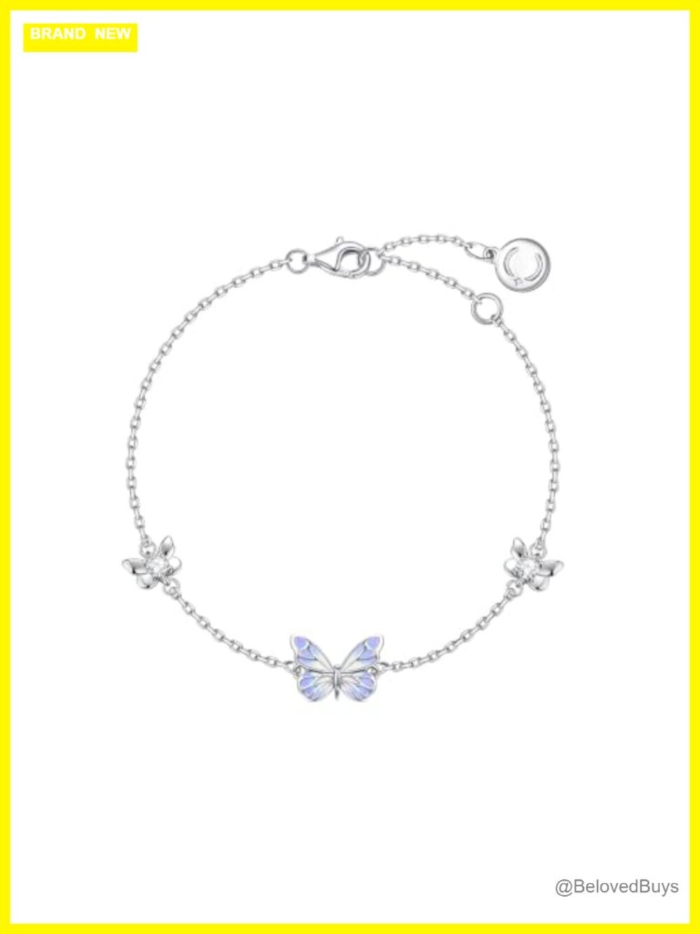 Sterling Silver Butterfly Bracelet with White Gold Plated Purple Enamel